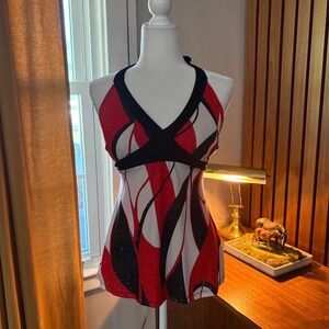 Vtg 90s Vanity Women Red Black White Abstract Glitter Halter Top V-Neck Size L